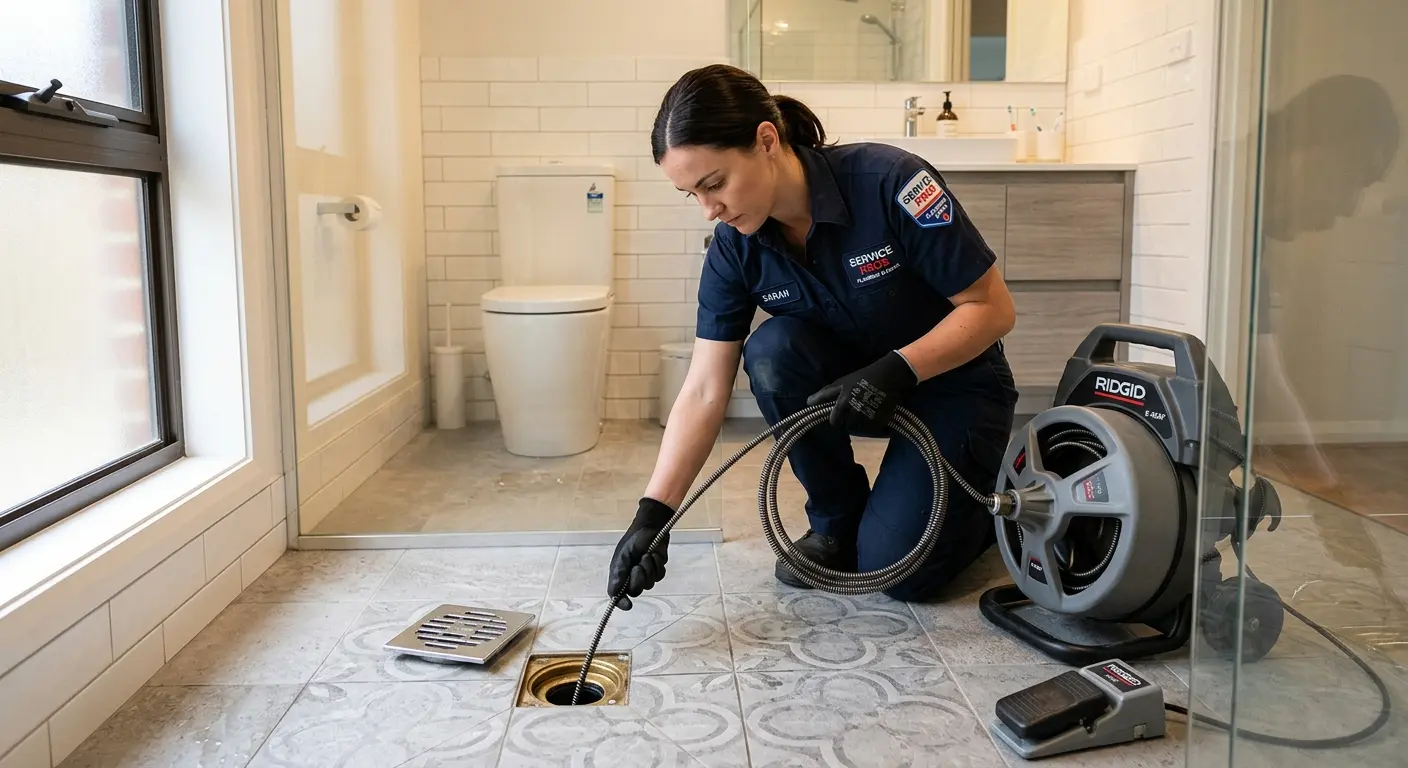 Technician clearing a bathroom floor drain for Clogged Drain Repair in Easton
